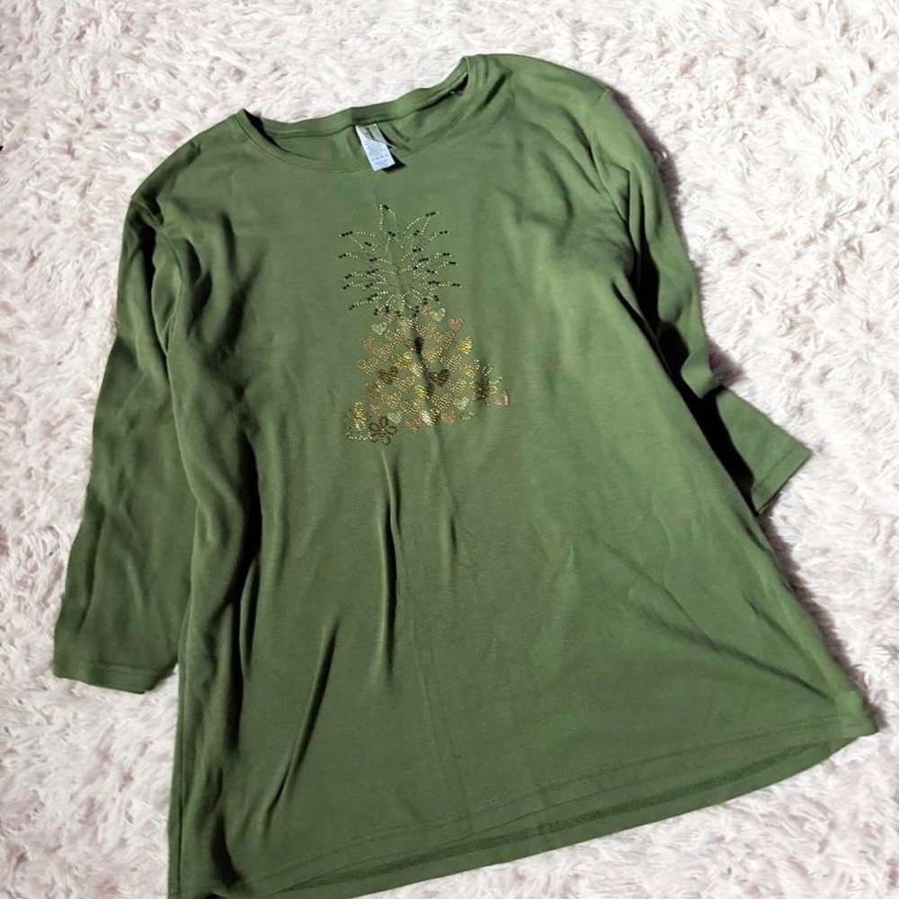 Pineapple Sequin Graphic Grandma Core Tropical Bingo Casual Top Womens XL Resort